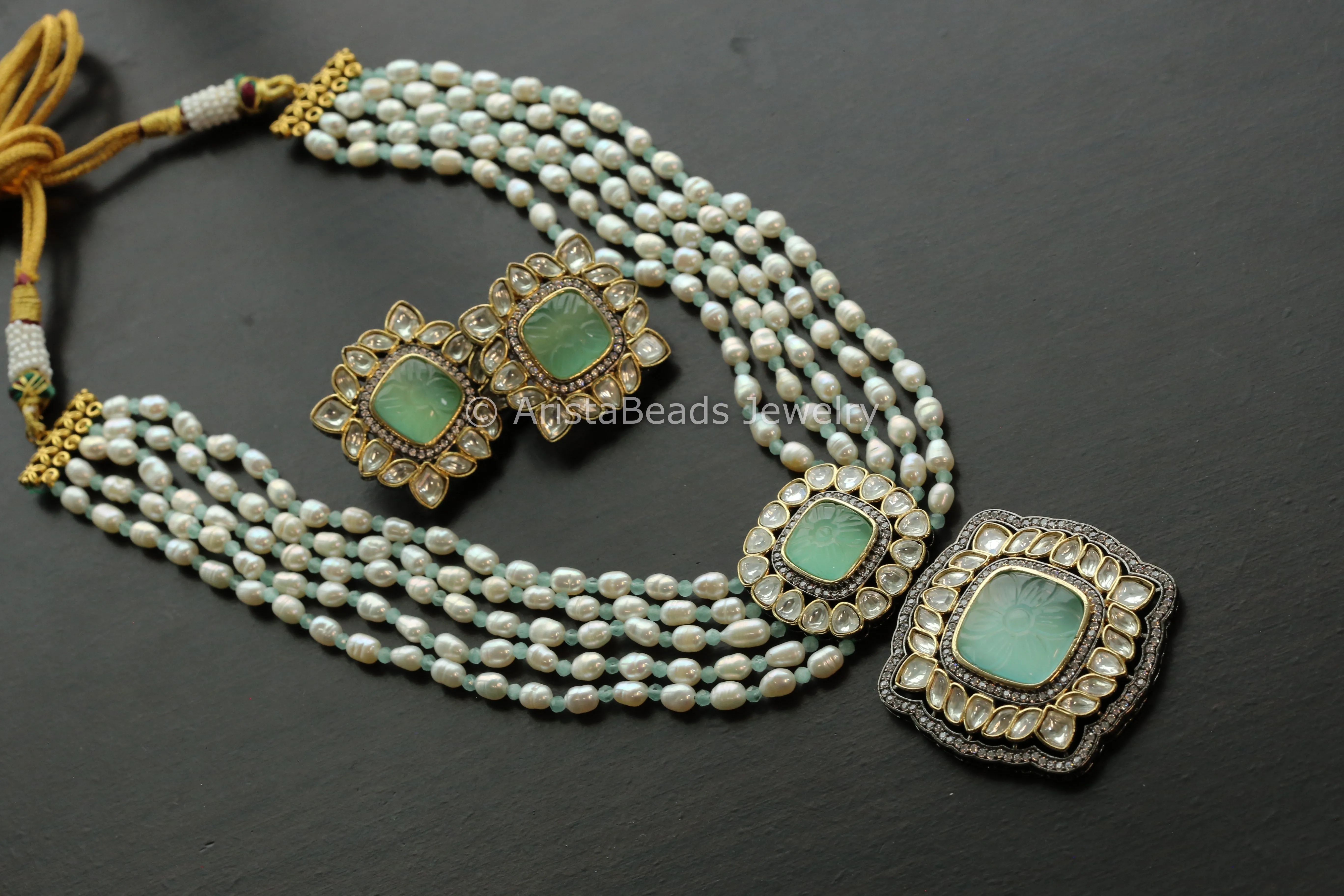 Real Pearl Carved Stone Kundan Polki Set - Mint