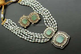 Real Pearl Carved Stone Kundan Polki Set - Mint