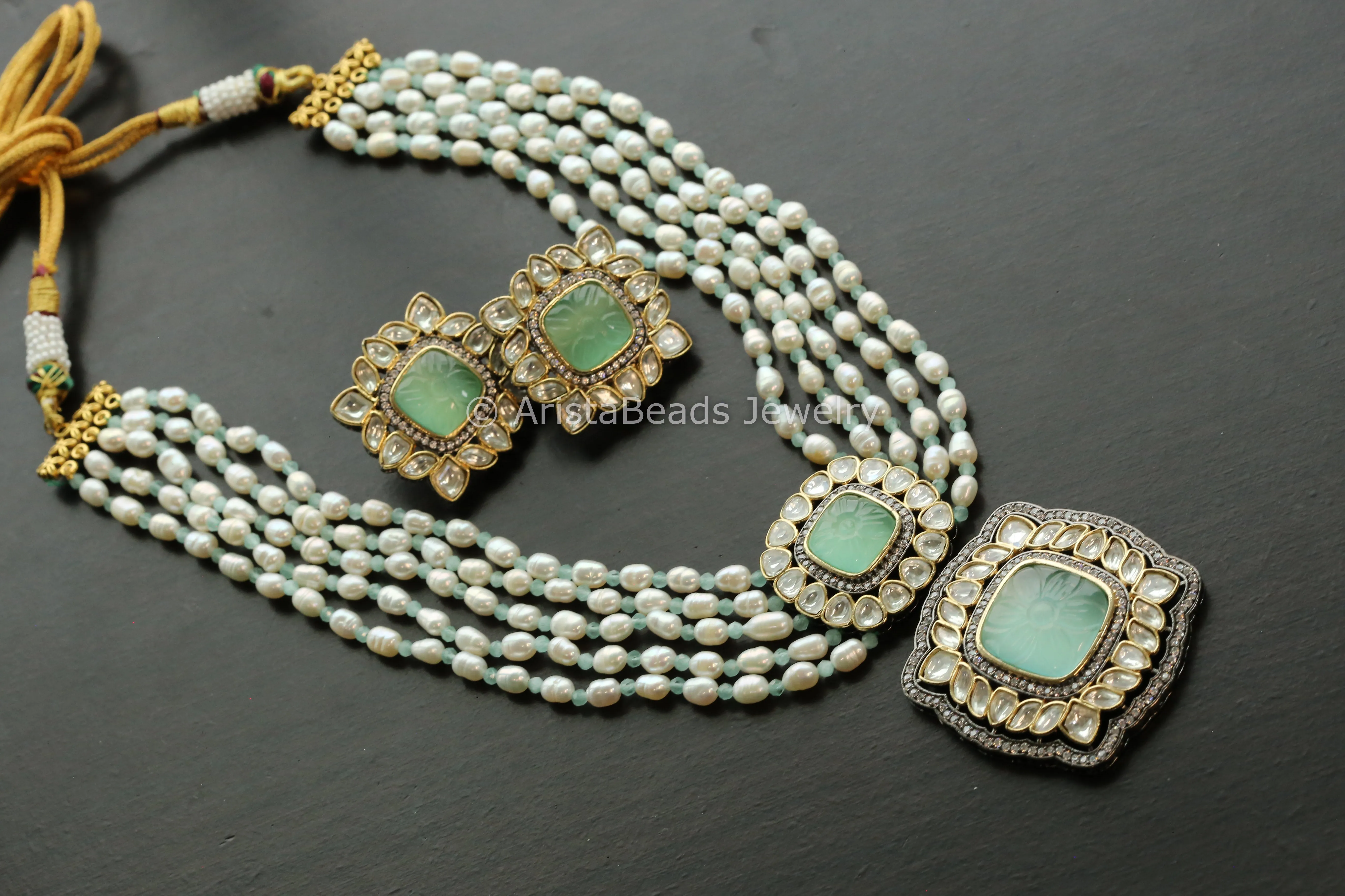 Real Pearl Carved Stone Kundan Polki Set - Mint