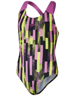 Speedo Girls Digital Allover Splashback Swimsuit - Black/Pink/Lemon