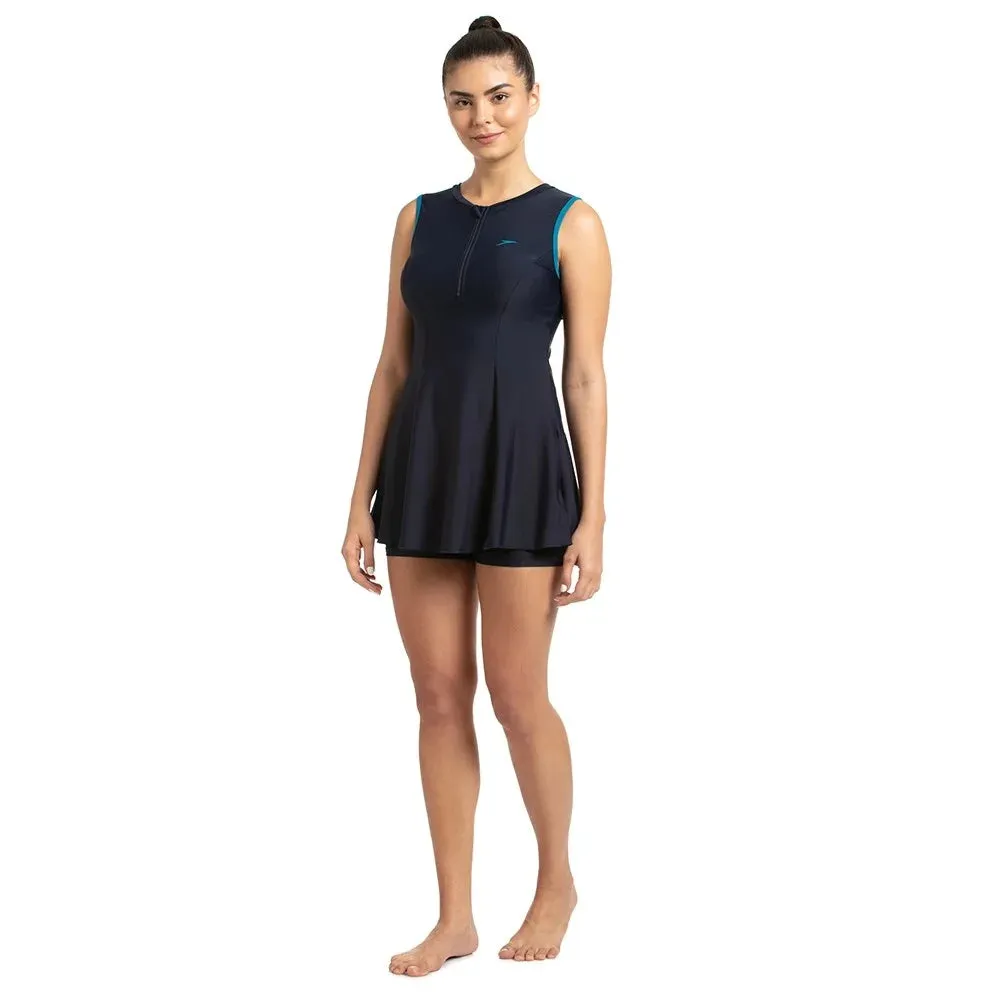 Speedo Women's Closedback Swimdress With Boyleg (True Navy/Nordic Teal)