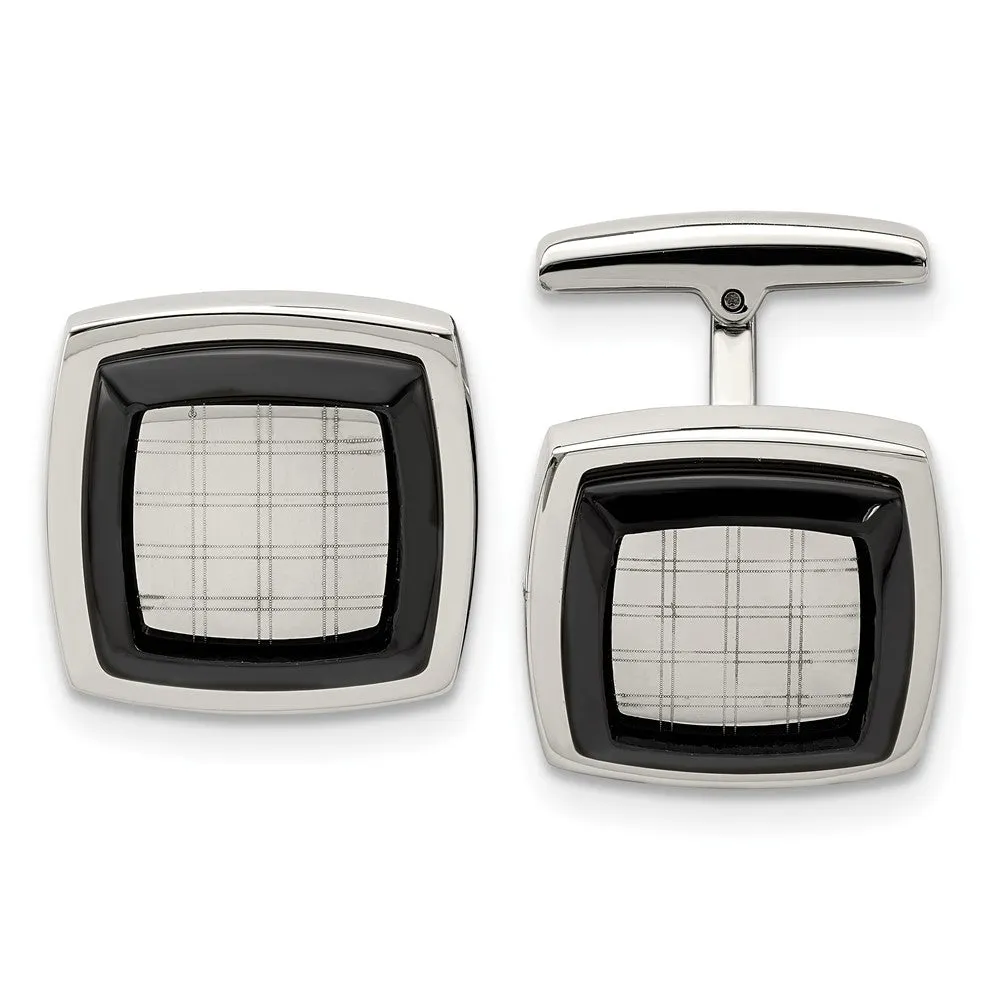 Stainless Steel & Black Plated Polished & Etched Cuff Links, 19mm