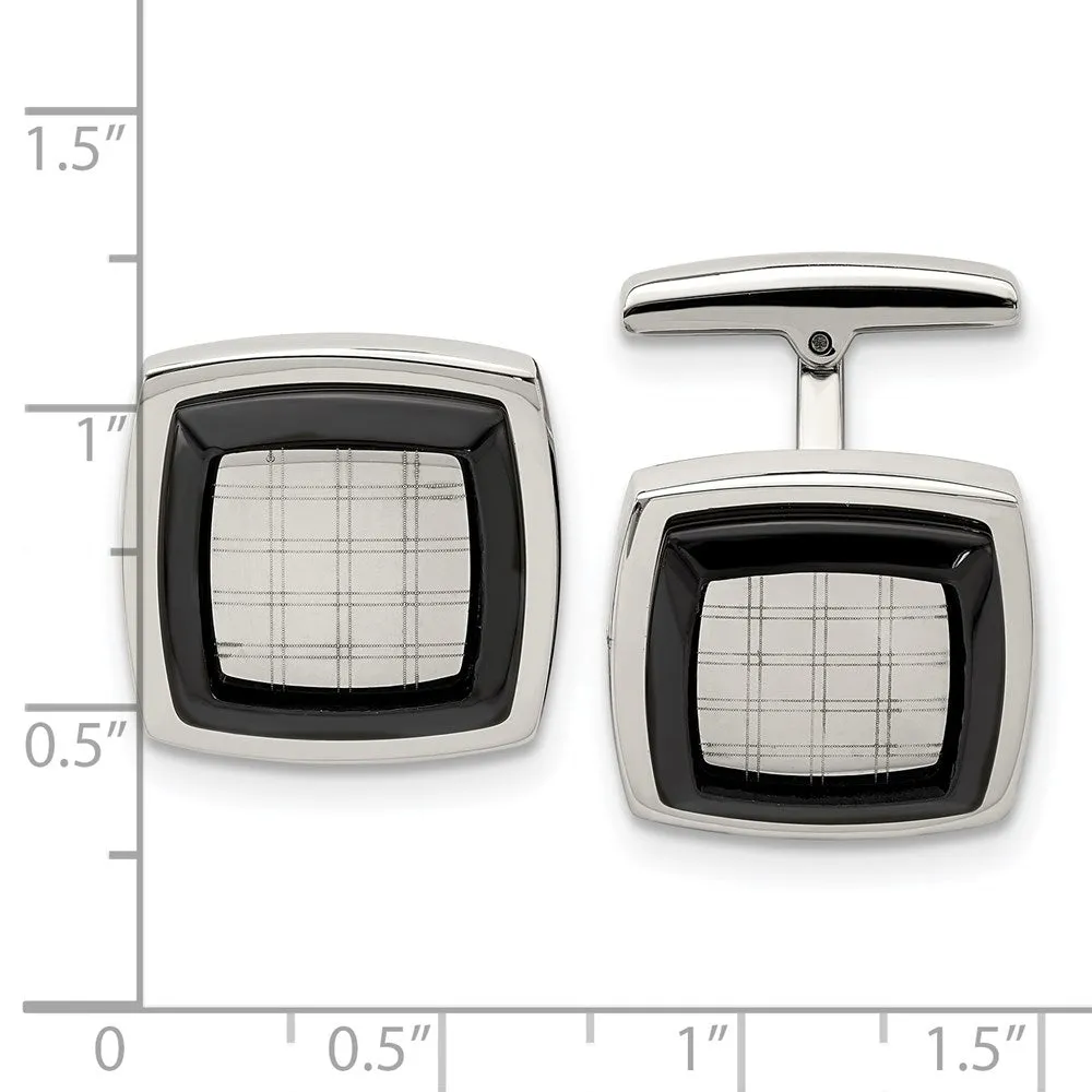 Stainless Steel & Black Plated Polished & Etched Cuff Links, 19mm