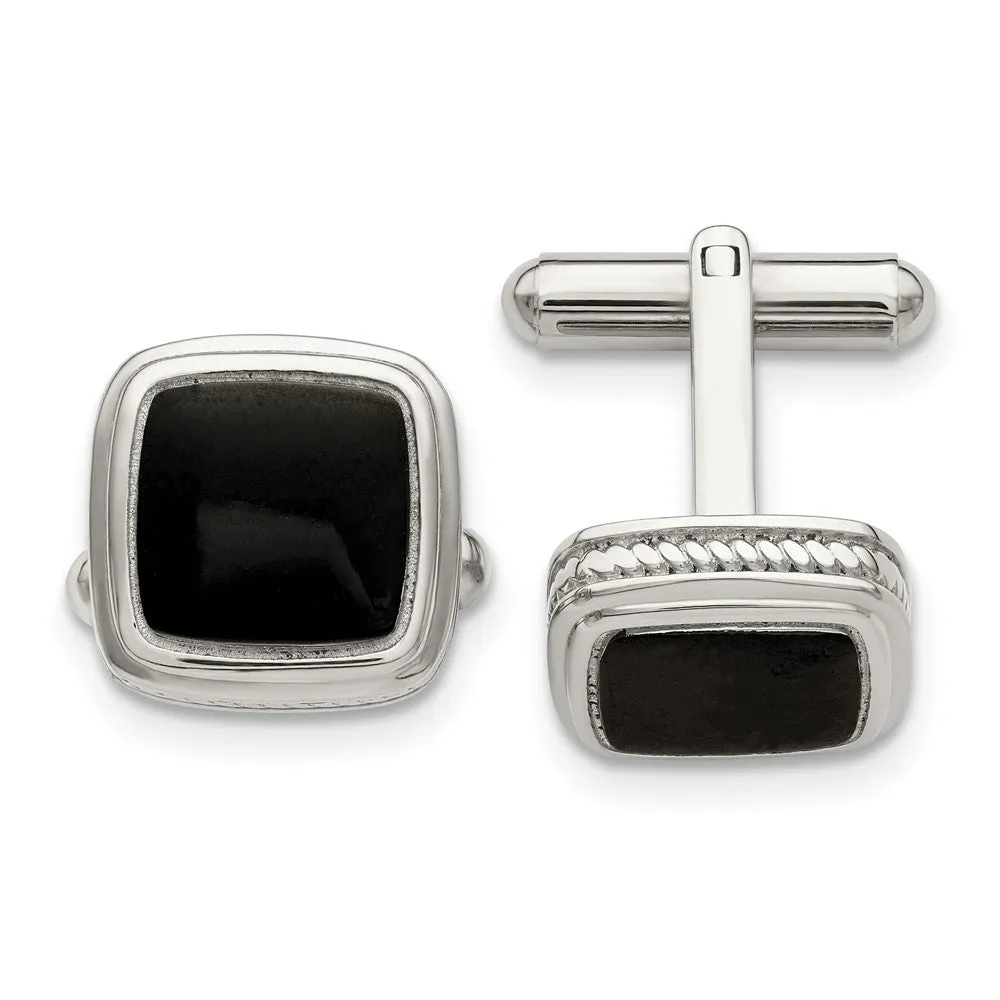 Stainless Steel & Black Plated Rope Edge Square Cuff Links, 15mm