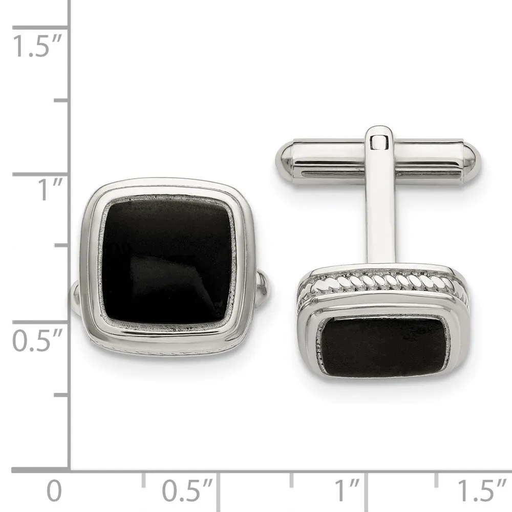 Stainless Steel & Black Plated Rope Edge Square Cuff Links, 15mm