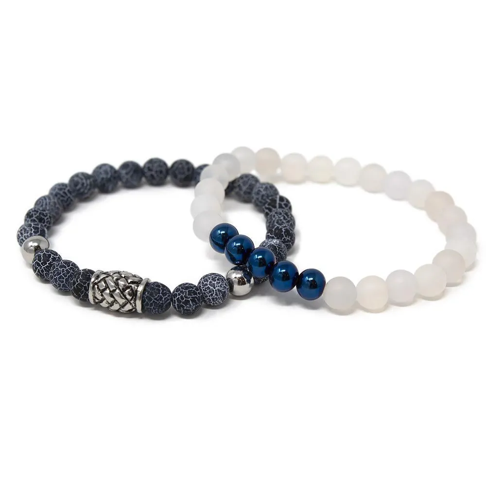 Stainless Steel Barrel Beaded Bracelet White Blue