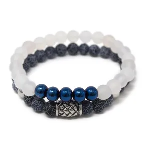 Stainless Steel Barrel Beaded Bracelet White Blue