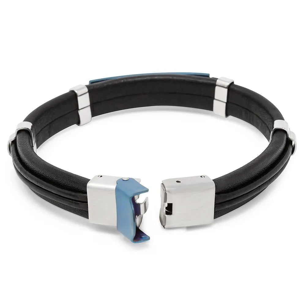 Stainless Steel Black Brown Leather Bracelet ID Station Blue