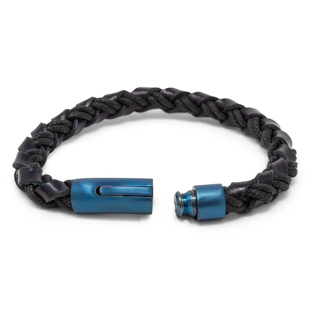 Stainless Steel Braided Black Leather/Blue Clasp