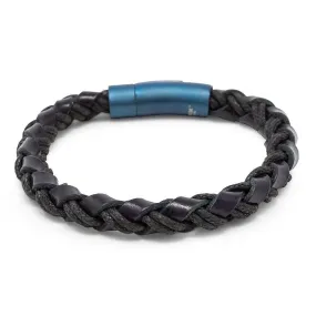 Stainless Steel Braided Black Leather/Blue Clasp