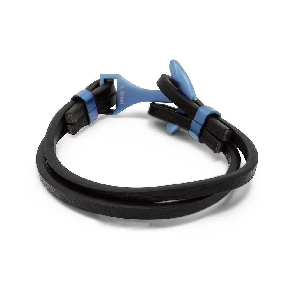 Stainless Steel Leather with Anchor Bracelet Black Blue Ion Plated