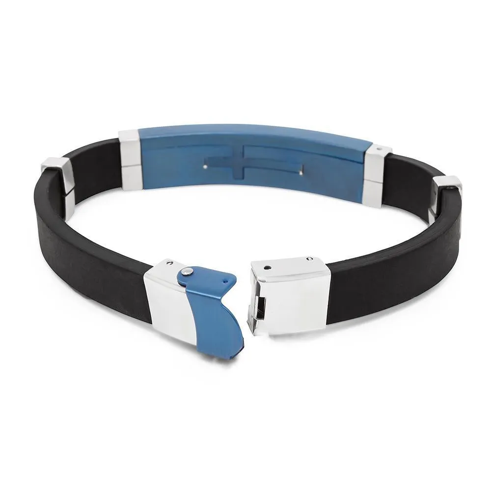 Stainless Steel Rubber Bracelet Cross Station Blue