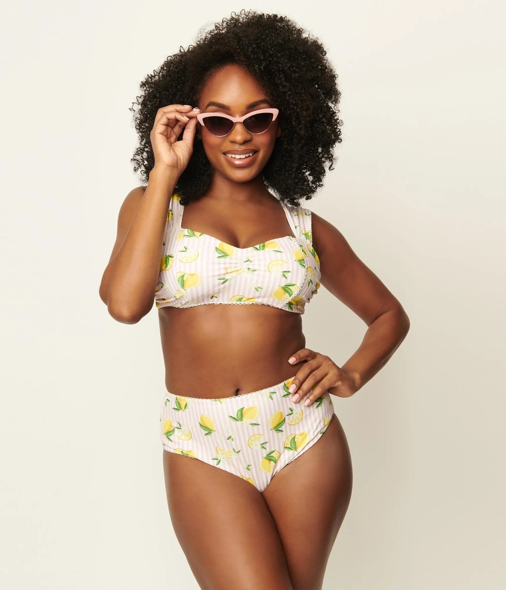 Unique Vintage Light Pink Stripes & Lemons Ruched & Ready Swim Top