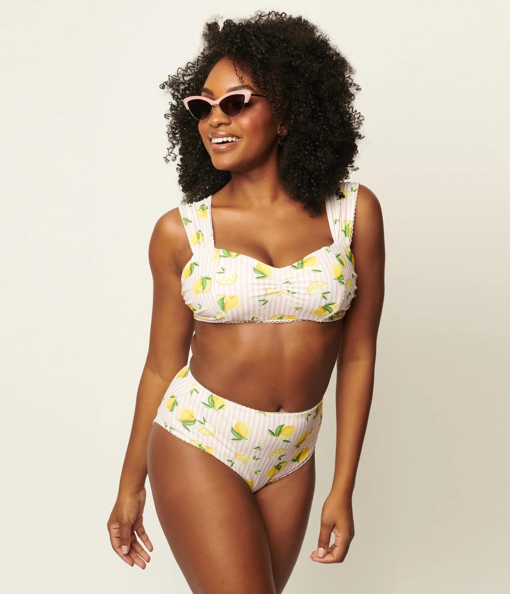 Unique Vintage Light Pink Stripes & Lemons Ruched & Ready Swim Top