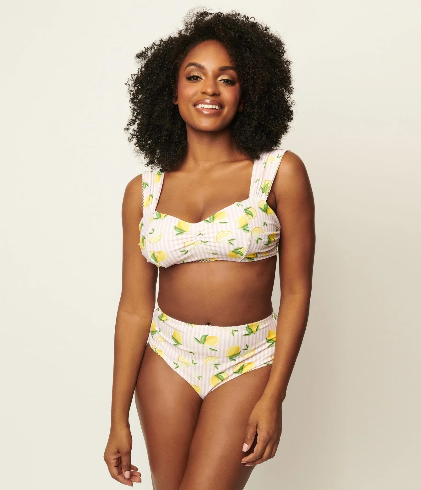 Unique Vintage Light Pink Stripes & Lemons Ruched & Ready Swim Top