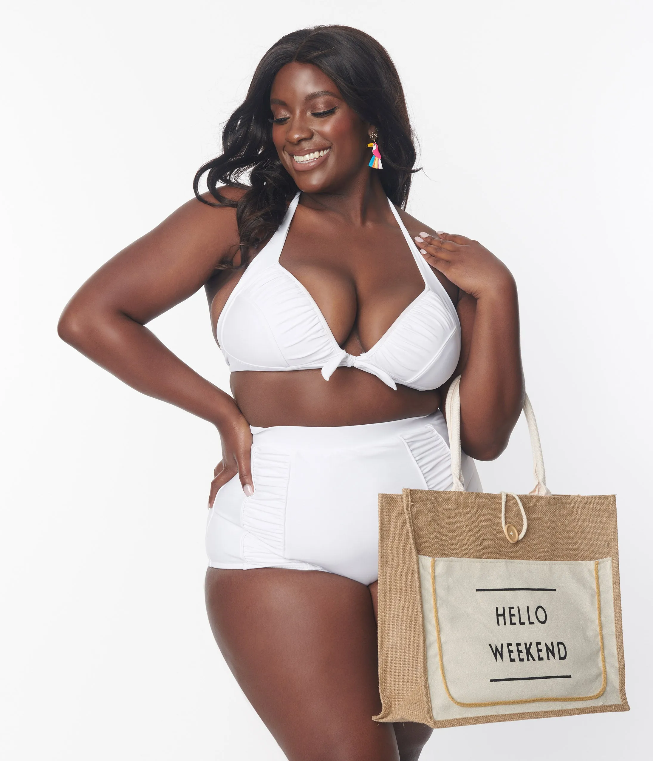 Unique Vintage Plus Size White Halter Swim Top