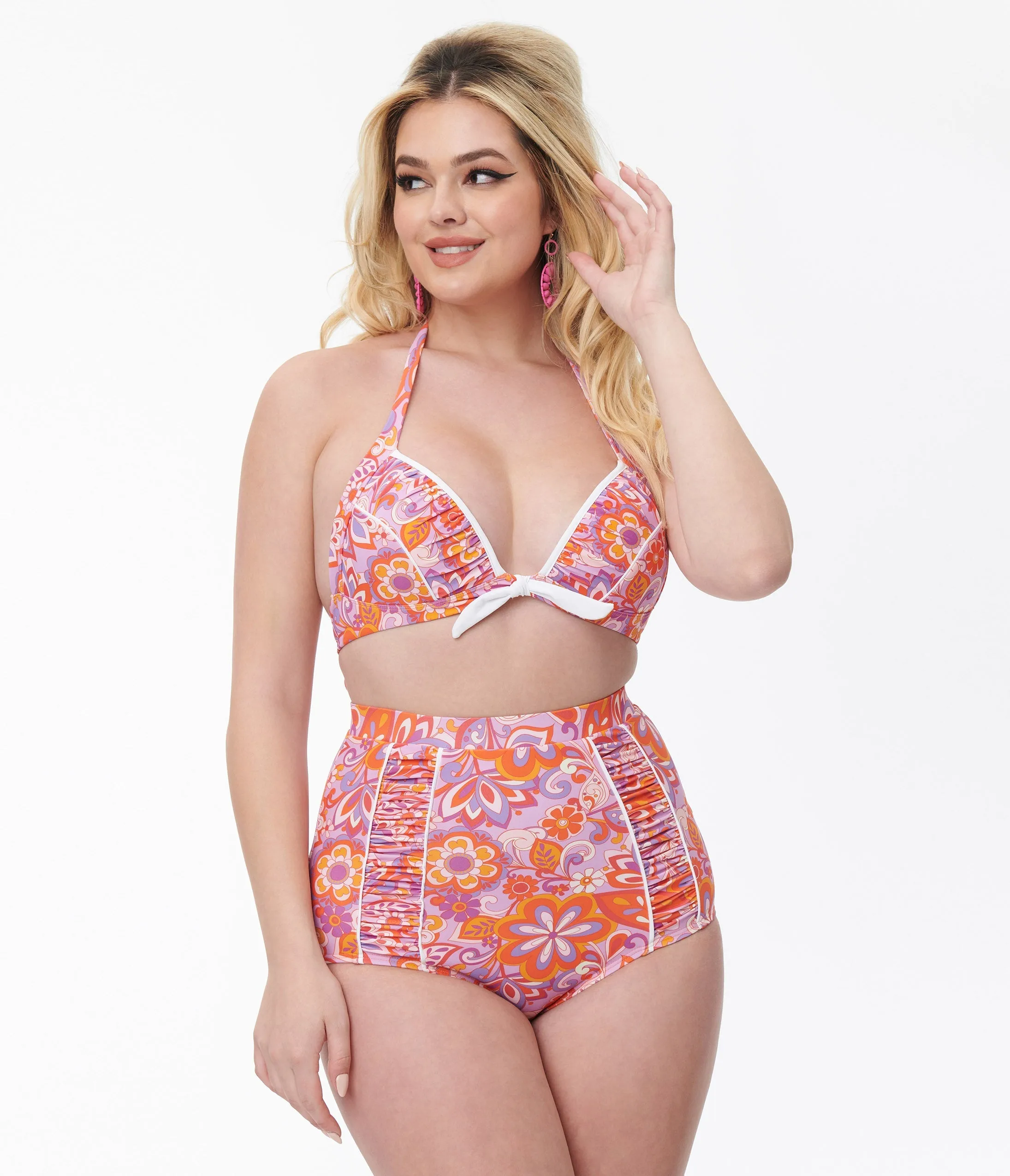 Unique Vintage Purple & Orange Bohemian Floral Print Halter Swim Top