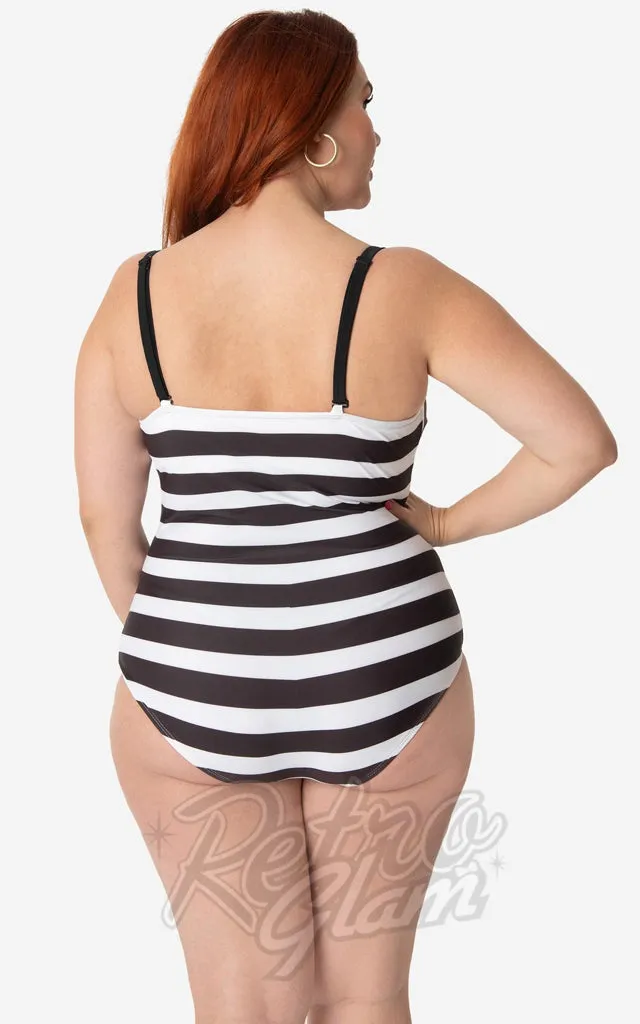 Unique Vintage X Barbie Black & White Chevron Stripe Swimsuit