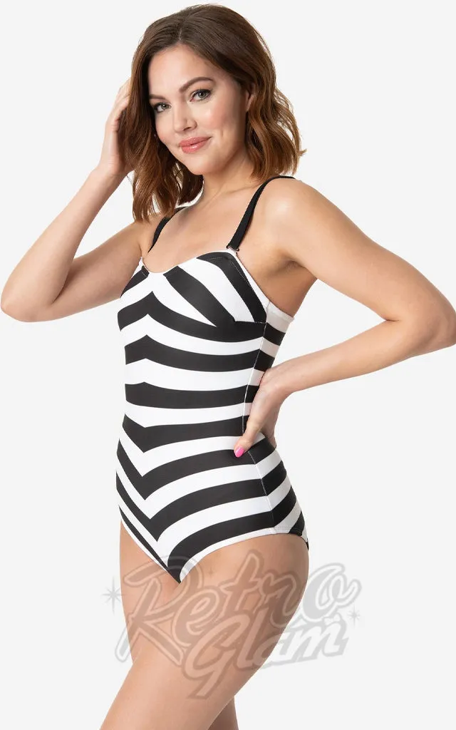 Unique Vintage X Barbie Black & White Chevron Stripe Swimsuit