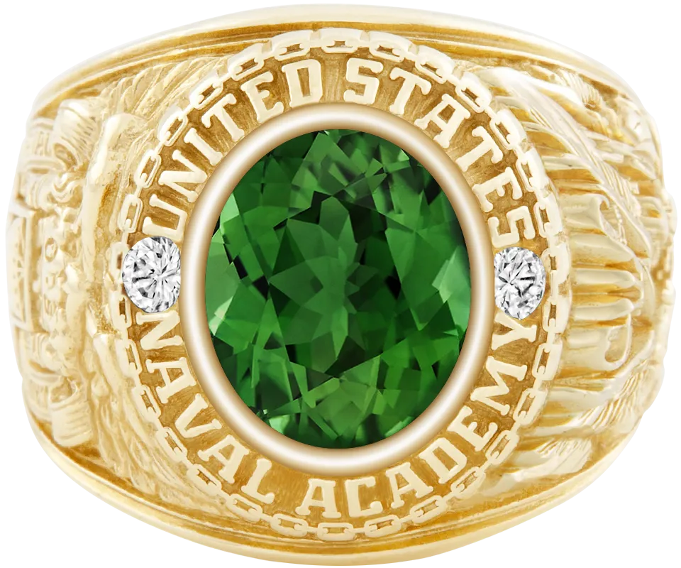 USNA Class Ring Mod with Green Tourmaline Centerpiece and Diamond Dividers