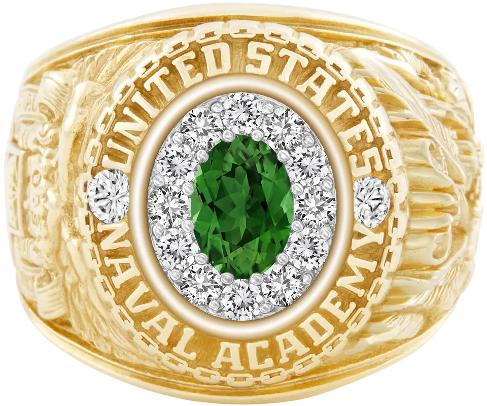 USNA Class Ring Mod with Green Tourmaline Centerpiece and Diamond Dividers