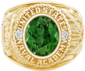 USNA Class Ring Mod with Green Tourmaline Centerpiece and Diamond Dividers