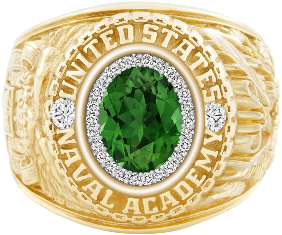 USNA Class Ring Mod with Green Tourmaline Centerpiece and Diamond Dividers