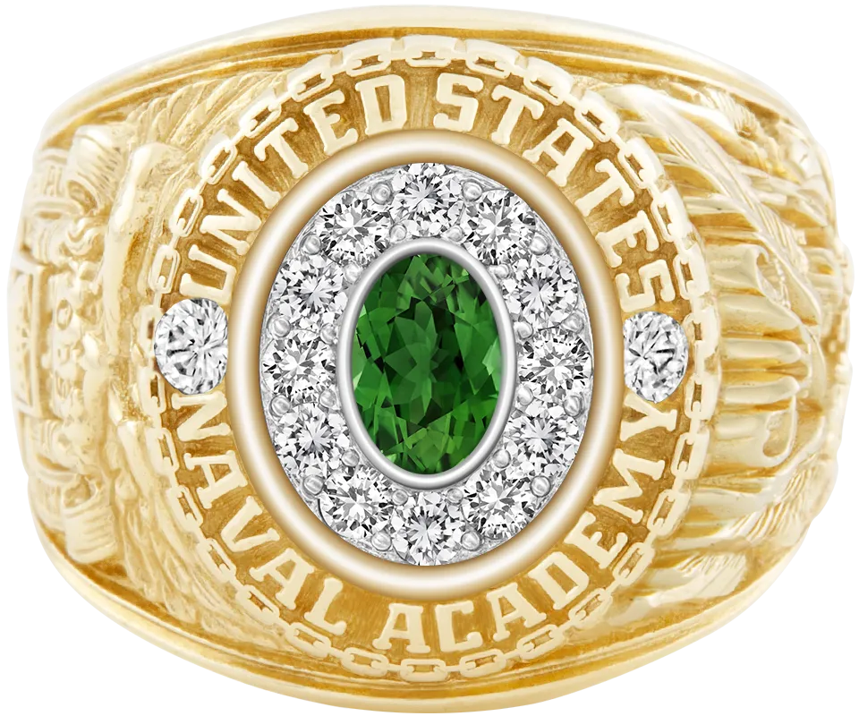 USNA Class Ring Mod with Green Tourmaline Centerpiece and Diamond Dividers