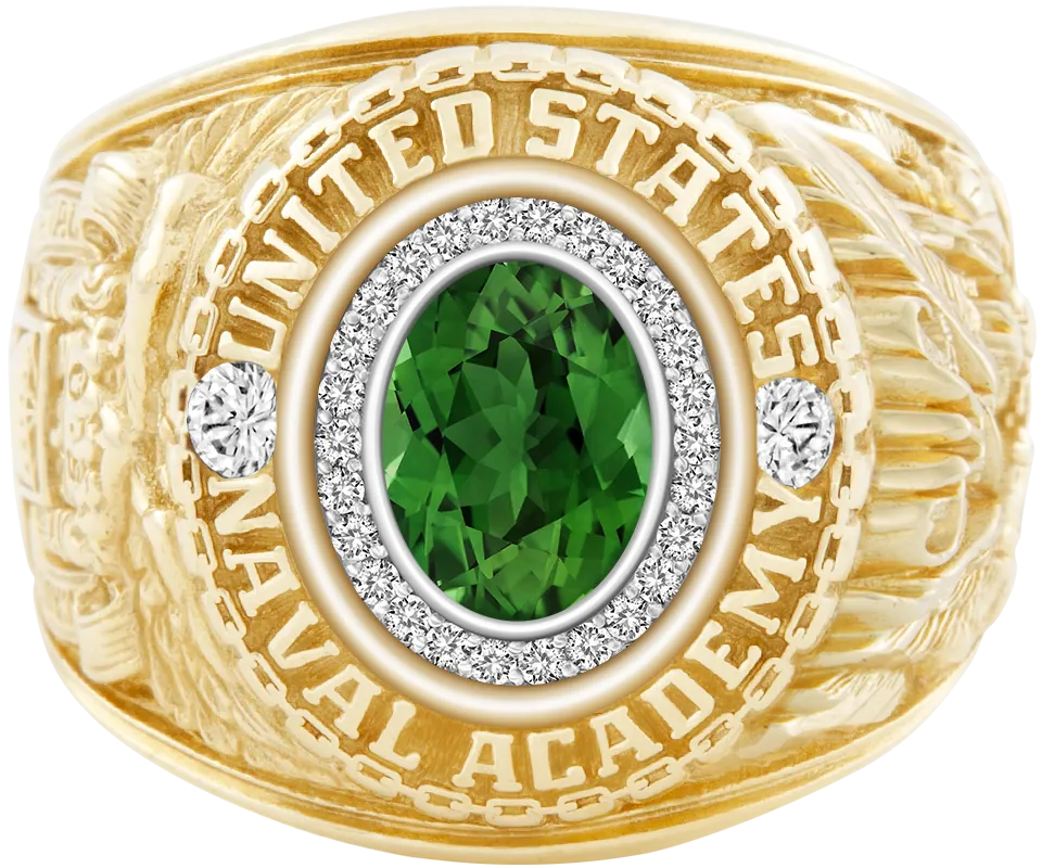 USNA Class Ring Mod with Green Tourmaline Centerpiece and Diamond Dividers