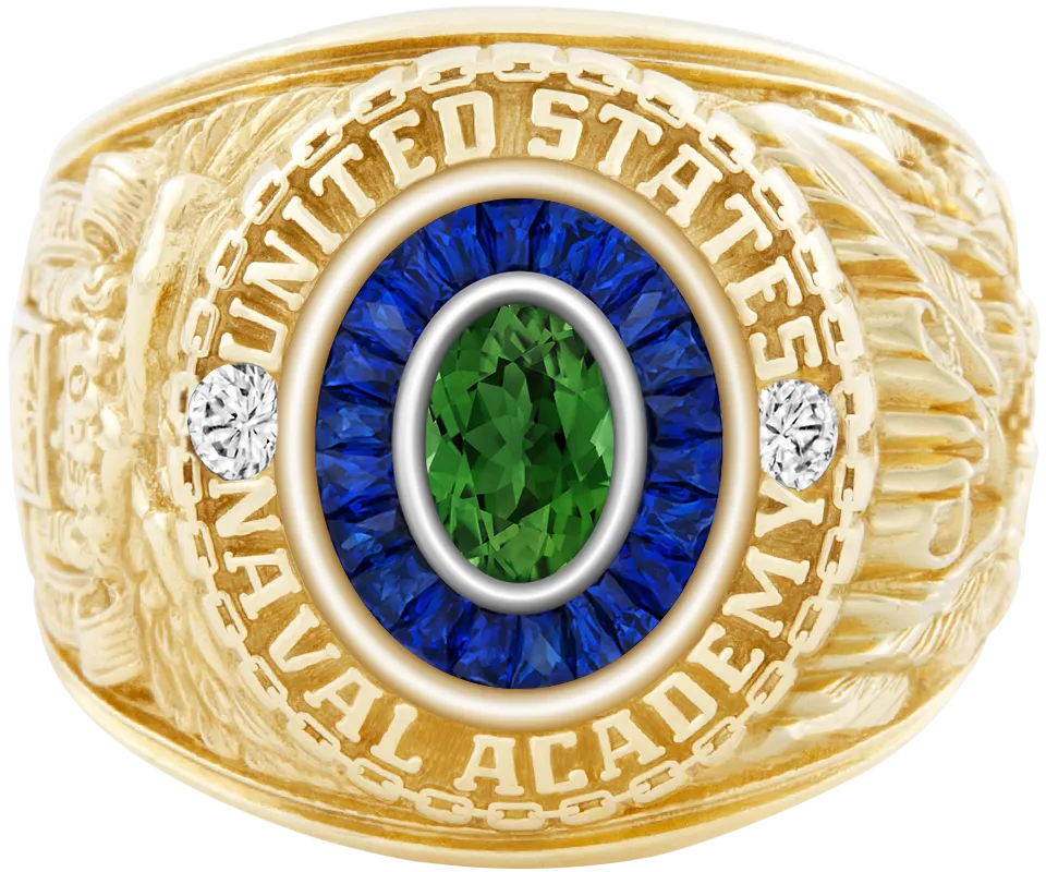 USNA Class Ring Mod with Green Tourmaline Centerpiece and Diamond Dividers