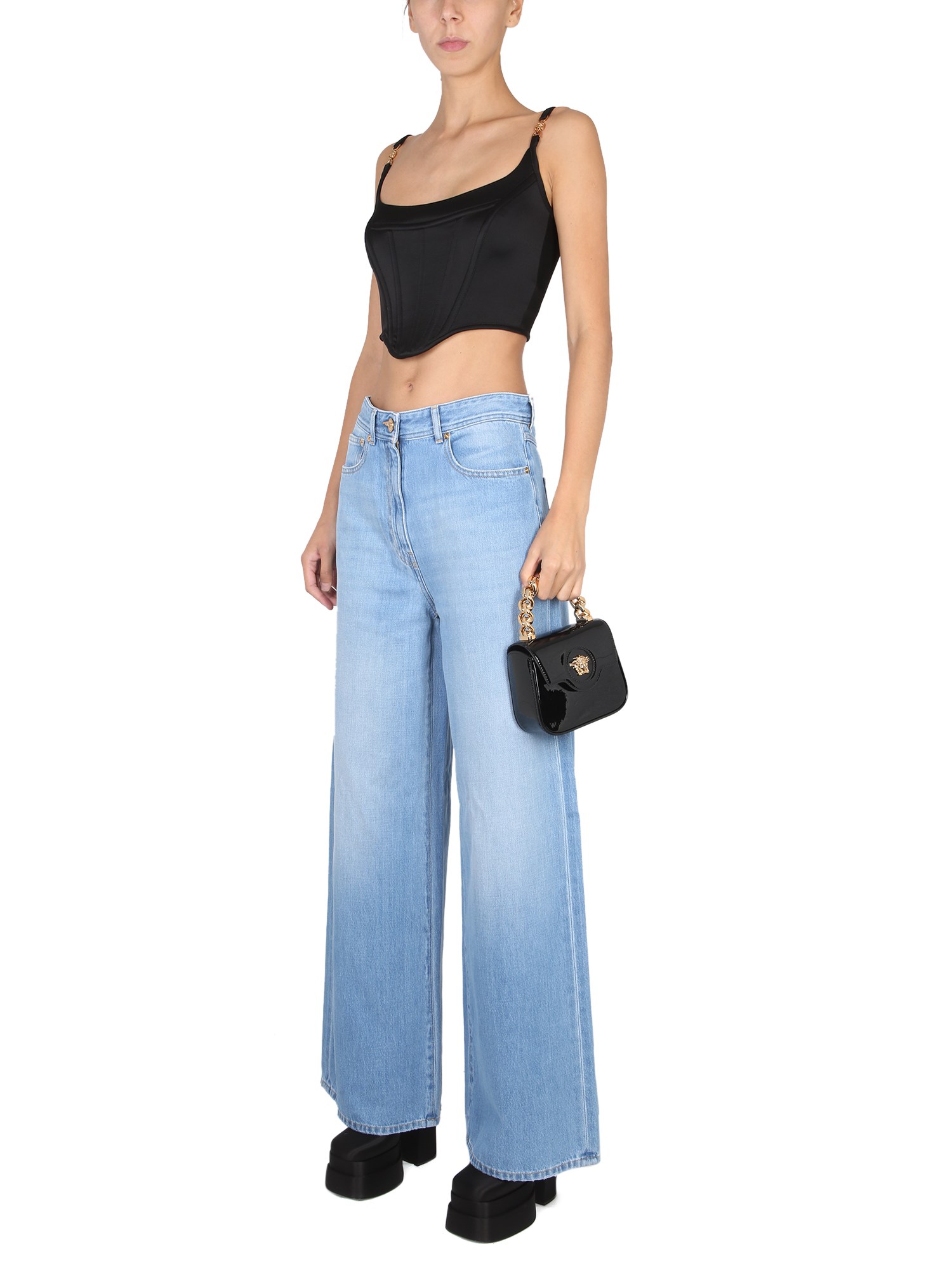 VERSACE    COTTON DENIM MEDUSA WIDE LEG JEANS