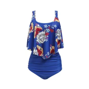 Women Floral Pattern Padded Ruffle High Waist Plus Size Pool Swim Suit