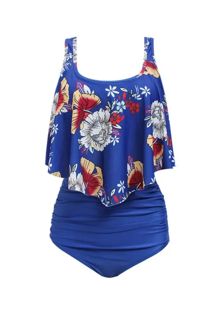 Women Floral Pattern Padded Ruffle High Waist Plus Size Pool Swim Suit