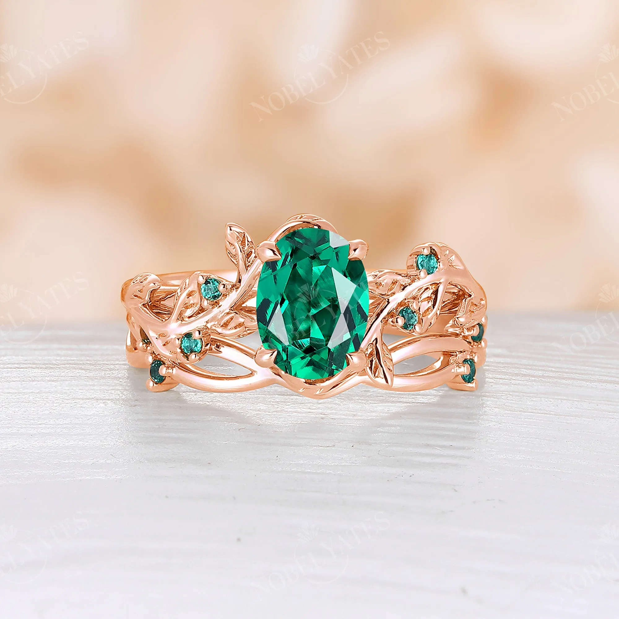 Yellow Gold Lab Emerald Oval Engagement Ring Set Nature Inspired