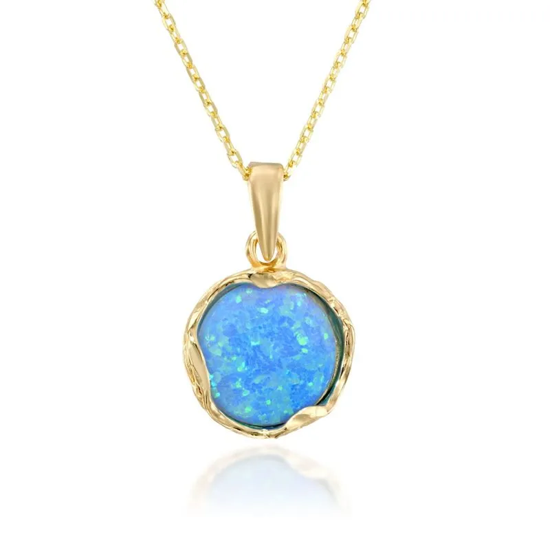 Yellow Gold Plated Round Blue Opal 12mm Pendant