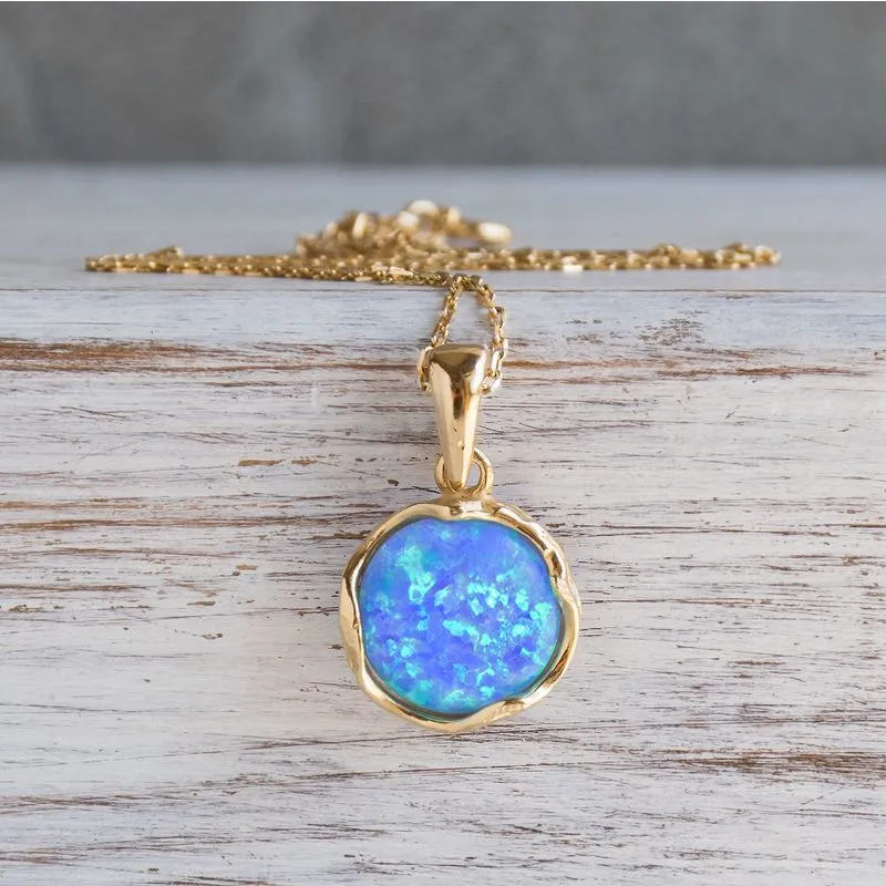 Yellow Gold Plated Round Blue Opal 12mm Pendant